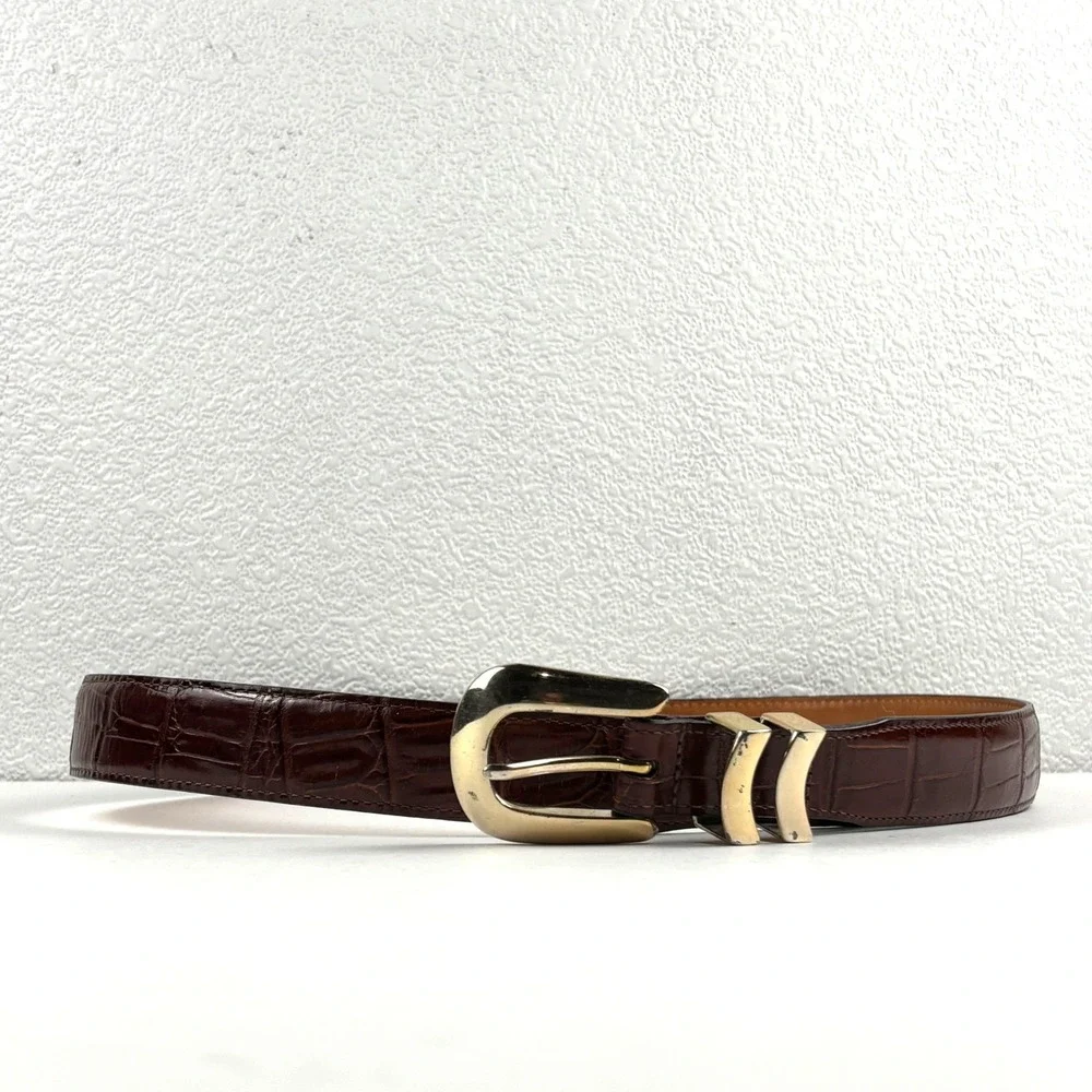 Brighton Onyx Belt Mens 38 Brown Croc Embossed Gold Buckle USA Western Classic
